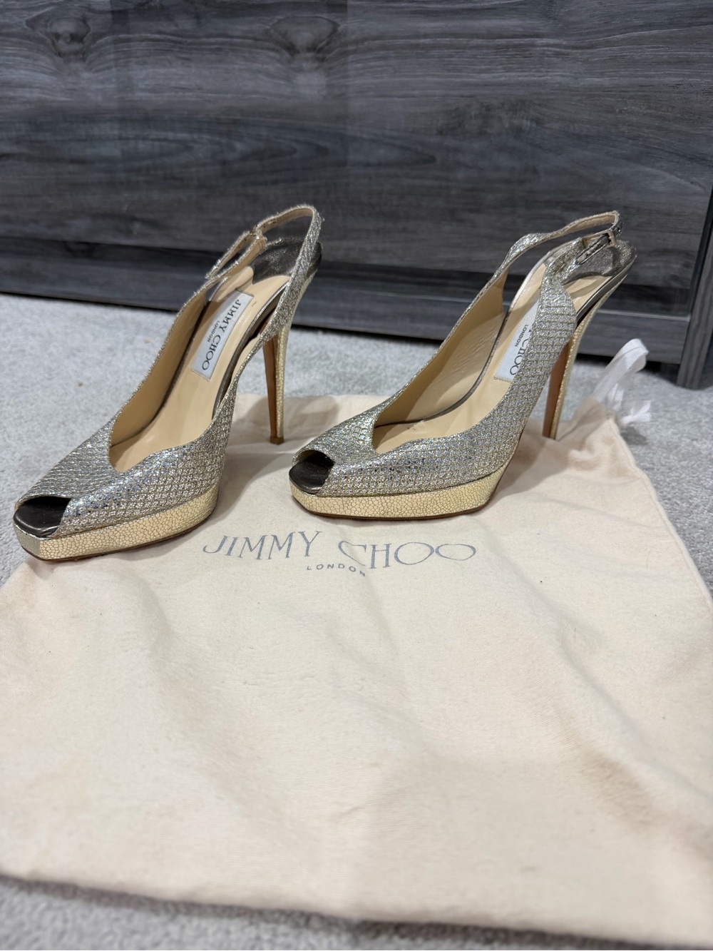 Jimmy Choo Gold and Silver Glitter Peep-Toe Slingback Heels